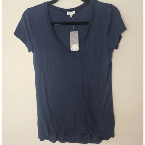 NWT Splendid Navy Short Sleeve Deep Scoop Neck Casual Knit Top X-Small - Picture 2 of 6